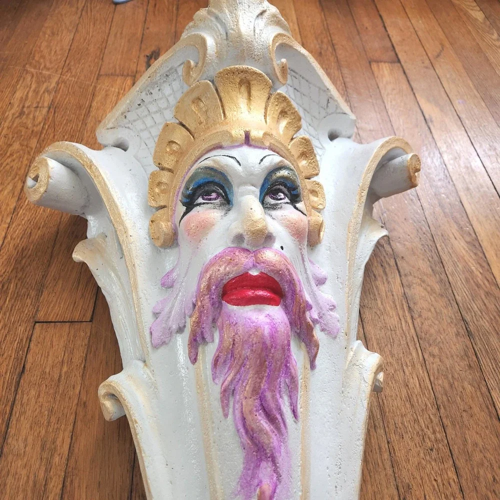 Hand Painted Drag Queen Plaster Wall Corbel Purple Beard Gold White Large Decor‎